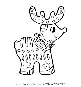 Christmas coloring page reindeer. Hand drawn line art illustration.