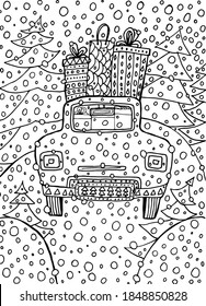 Christmas coloring page. Retro car with lots of present boxes in snowy  landscape. Hand drawn vector coloring book. Snowflakes, Christmas trees, gift boxes. Anti stress for children and adults.