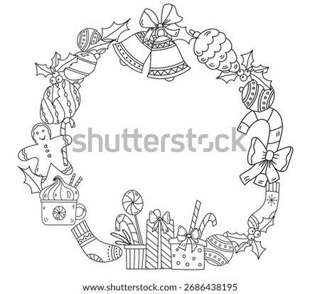 Christmas Coloring Page With A Round Frame Of New Year's Drawings Including Tree Ornaments And Candies