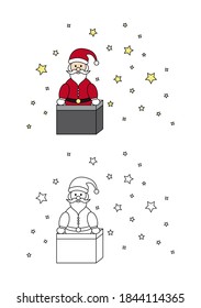 Christmas coloring page. Santa Claus coming out of the fireplace. Coloring for kids.