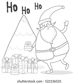 Christmas coloring page with Santa Claus, Christmas tree, gift boxes