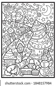 Christmas coloring page with Santa sleight and firtree. Winter village holiday coloring book vertical A4 format. Winter outdoor black outline vector illustration. Kids activity coloring book