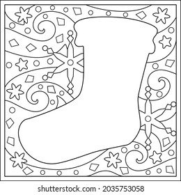 Christmas coloring page with sock, snowflakes and stars - vector zentangle for coloring. Outline. Linear pattern with sock-like copy space. Square christmas illustration