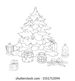 Christmas coloring page with tree, lanterns, stars and gift boxes. Set of various festive decorations. White and black vector illustration. Decor element for gift card and kids products.