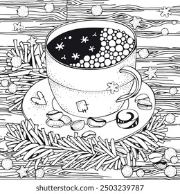 Christmas Coloring Page with Whimsical Abstract Coffee Cup with Candy Cane and Cozy Winter Vibes – Artistic Illustration. Zentangle patterns