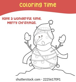 Christmas coloring page. Winter Christmas cute characters. Line art design for kids coloring page. Vector illustration. Isolated on white background