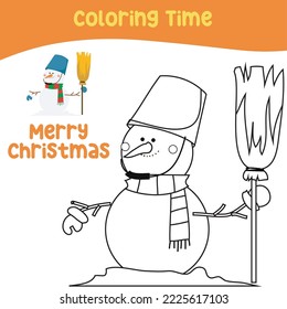 Christmas coloring page. Winter Christmas cute characters. Line art design for kids coloring page. Vector illustration. Isolated on white background