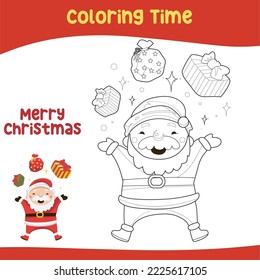 Christmas coloring page. Winter Christmas cute characters. Line art design for kids coloring page. Vector illustration. Isolated on white background