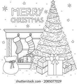 Christmas coloring page. Winter holiday coloring card. Vector illustration. 