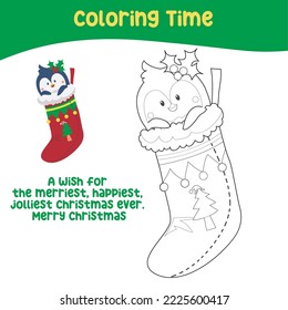 Christmas coloring page. Winter Christmas penguin in the stocking for coloring book. Line art design for kids coloring page. Vector illustration. Isolated on white background