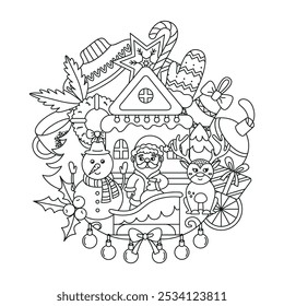 Christmas coloring page. Xmas outline elements, santa claus snowman deer fir tree wreath cookies and hot drink cup. Childish coloring neoteric vector template