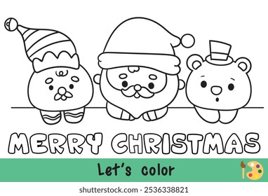 Christmas coloring pages Cute santa claus cartoon gingerbread man and polar bear kawaii Christmas (whimsical characters). Happy new year. Holiday cartoon xmas kids winter season. Flat illustration