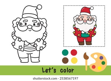 Christmas coloring pages Cute santa claus cartoon on gift box kawaii Christmas (whimsical characters). Happy new year. Holiday cartoon xmas kids winter season. Flat illustration outline for child.