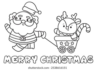 Christmas coloring pages Cute santa claus cartoon and reindeer kawaii Christmas (whimsical characters). Happy new year. Holiday cartoon xmas kids winter season. Flat illustration outline for child.