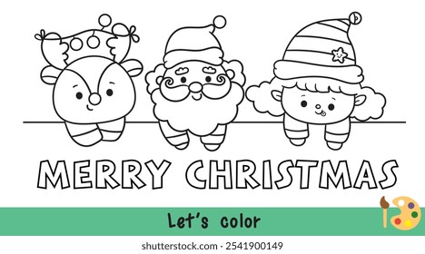 Christmas coloring pages Cute santa claus cartoon elf and reindeer face kawaii Christmas (whimsical characters). Happy new year. Holiday cartoon xmas kids winter season. Flat illustration outline.