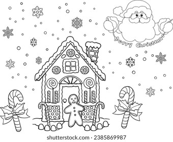 Christmas Coloring Pages. Gingerbread man, candy cane and a house in snowfall.