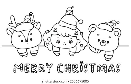 Christmas coloring pages girl santa claus cartoon teddy bear and reindeer kawaii Christmas (whimsical characters). Happy new year. Holiday cartoon xmas kids winter season. Flat illustration outline.