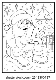 Christmas coloring pages for kids. Cute Santa clause holding the letter A. Alphabet coloring pages for early learners.