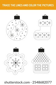 Christmas coloring pages for kids. Tracing lines, handwriting training worksheet for kids. Writing training page. Christmas Educational game and activity for preschool, homeschool, kindergarten.