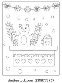 Páginas de Colores de Navidad, Feliz Navidad, Vector de Navidad, Blanco y Negro