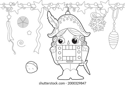 Christmas coloring pages. Nutcracker.Traditional new year celebration accessories on white background