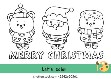 Christmas coloring pages Pink santa claus cartoon gingerbread cookie and polar bear baby animal kawaii Christmas (whimsical characters). Happy new year. Holiday cartoon xmas kids winter season. 