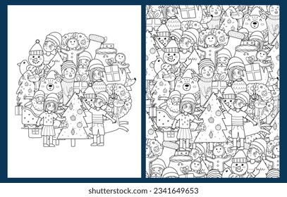 Christmas coloring pages set in US Letter format. Doodle winter characters background with a Christmas tree, Santa, bear. Vector illustration