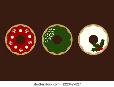 Christmas colors donuts on brown background card