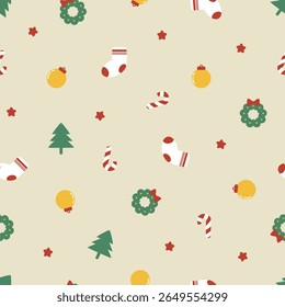 Cores de Natal com elementos de Natal. Ícone de Natal com bengala de doces, meia, estrela, visco e bola para embrulhar presente, papelaria, cartão e tecido.