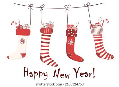 Christmas colourful socks with presents isolated on white background. Vector illustration in flat style for greeting cards, invitations design.