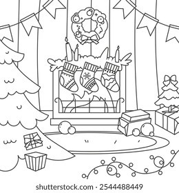 Christmas colouring book with fireplace, fir tree, toys, presents