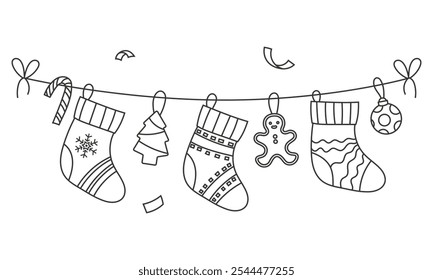 Christmas colouring book with gift socks on a string