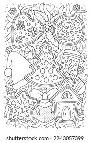 Christmas colouring page for adults and kids. Cute winter holidays theme coloring book sheet with detailed patterns, vector illustration