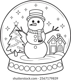 christmas  colouring page, cartoon snowman in snow globe.kids coloring page lineart design