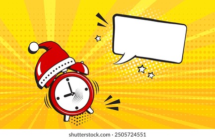 Reloj de alarma cómico de las Navidades en el sombrero de Santa Claus, icono divertido del despertador, burbuja del discurso de la cuenta regresiva del año Nuevo en fondo amarillo. Efecto de sonido en estilo pop art. Ilustración vectorial de vacaciones de dibujos animados