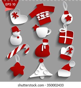 Christmas Comic Doodle and Flat Gifts. Imitation of Paper with Long Shadows on Grey Background. Festive Congratulation