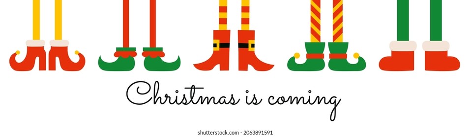 Christmas is coming banner poster horizonal template. Shoes and boots for elves feet. Elf gnome dwarf. Santa Claus helpers. Cute cartoon Christmas holiday elf feet and legs. Greeting card design