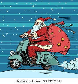 Christmas is coming closer on two wheels. Santa Claus rides a moped with a bag of gifts. Upcoming holidays and seasonal sales along with it. Pop Art Retro Vector Illustration Kitsch Vintage 50s 60s