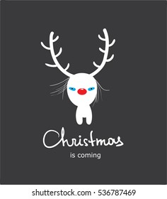 Christmas is coming. Funny white christmas deer with blue eyes for postcard, calendar or gift card. Simple flat vector, eps10.