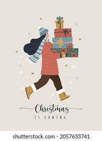 Christmas Is Coming greeting card. Vector illustration of young warm dressed cartoon woman carrying a pile of  wrapped gifts. Isolated on background