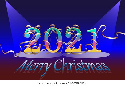 Christmas in the coming year 2021. Vector illustration. On a blue-brown background there are numbers intertwined with a Golden serpentine and illuminated by spotlights. For registration of holidays.
