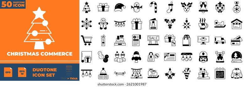 Christmas Commerce Duotone Editable Icons set. Vector illustration in modern thin duotone style of christmas commerce icons: present, gift, ribbon, etc