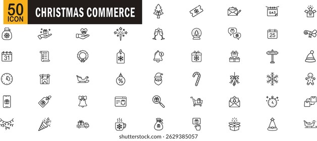 Conjunto de iconos de esquema editable de comercio de Navidades. Regalo, vacaciones, santa, copo de nieve, venta, compras y más.