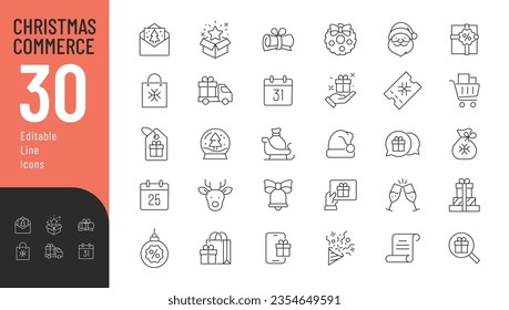 Christmas Commerce Line Editable Icons set. Vector illustration in modern thin line style of Christmas 
 shopping related icons: sales, gifts, coupons, and other Christmas symbols. Isolated on white