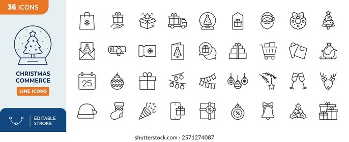 Christmas Commerce Line Editable Icons set. Containing sales, gifts, coupons, and other Christmas symbols. vector illustration