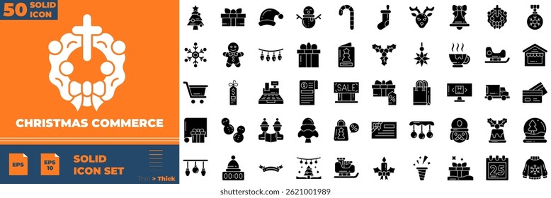 Christmas Commerce Solid Editable Icons set. Vector illustration in modern thin solid style of christmas commerce icons: present, gift, ribbon, etc