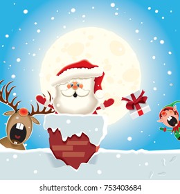 Christmas companion on the roof-the Elf adds gifts to Santa Claus who that divides them through the chimney. Vector illustration for Christmas greeting.