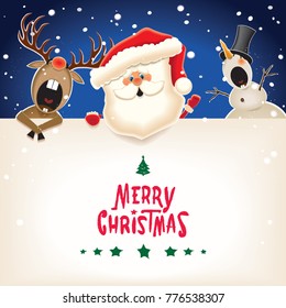 Christmas companion in the snowfall with textual signboard.Santa Claus, Reindeer and Snowman with Merry Christmas calligraphy lettering.Vector illustration for holiday greeting.
