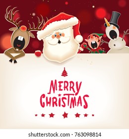 Christmas companion with textual signboard.Santa Claus, Reindeer,Snowman and Elf with Merry Christmas calligraphy lettering.Vector illustration for holiday greeting.