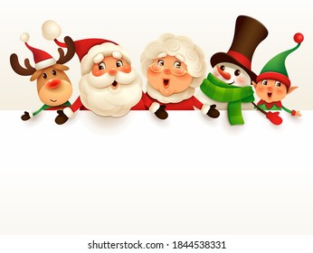 Christmas companions with big blank signboard. Wide empty space for design. Santa Claus, Mrs Claus, Reindeer, Elf and Snowman with big blank signboard.